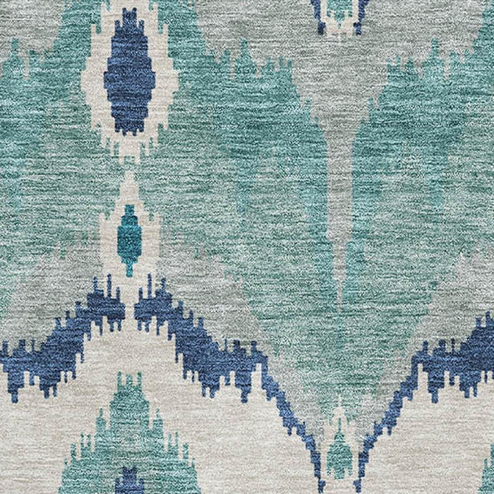 8' X 10' Ikat Washable Area Rug With UV Protection - Teal And Ivory