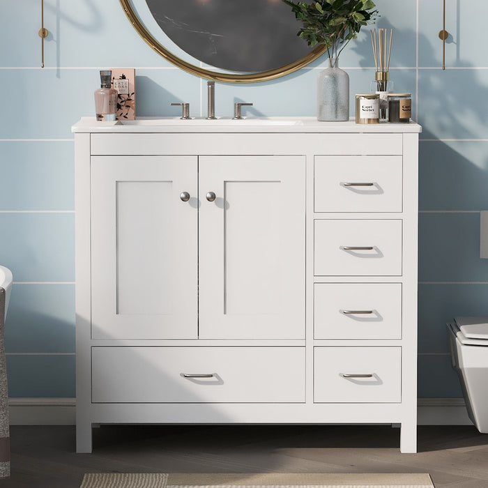 Giga bathroom vanity with ceramic sink, spacious storage cabinet, two soft-close doors, and five drawers for modern bathroom decor.