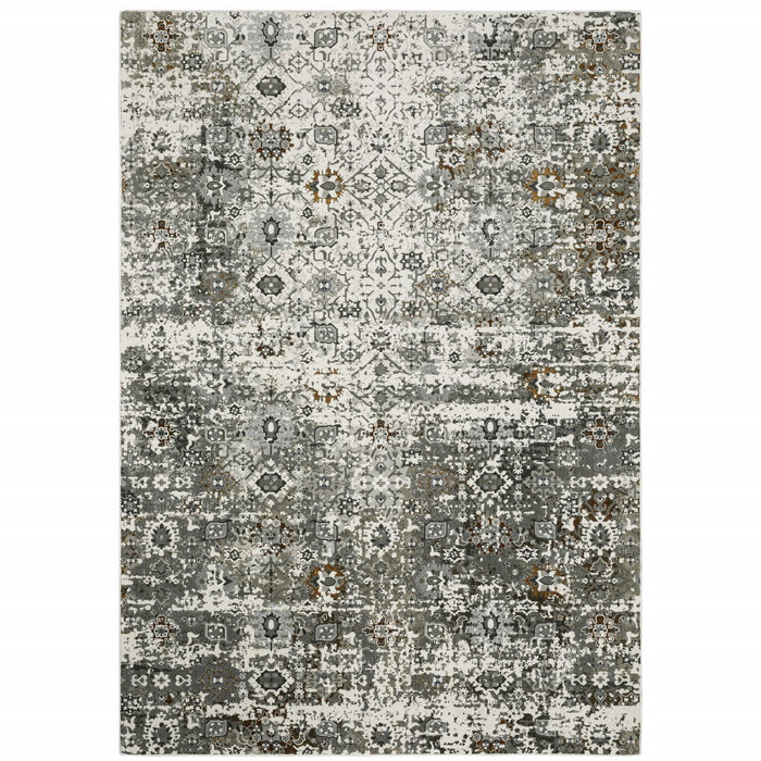 10' x 13' Oriental Power Loom Stain Resistant Area Rug - Ivory Gray Charcoal Rust Gold And Brown