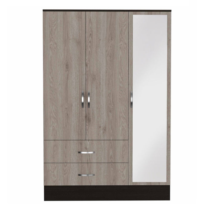 Three Door Wardrobe Closet With Mirror - Light Oak / Black