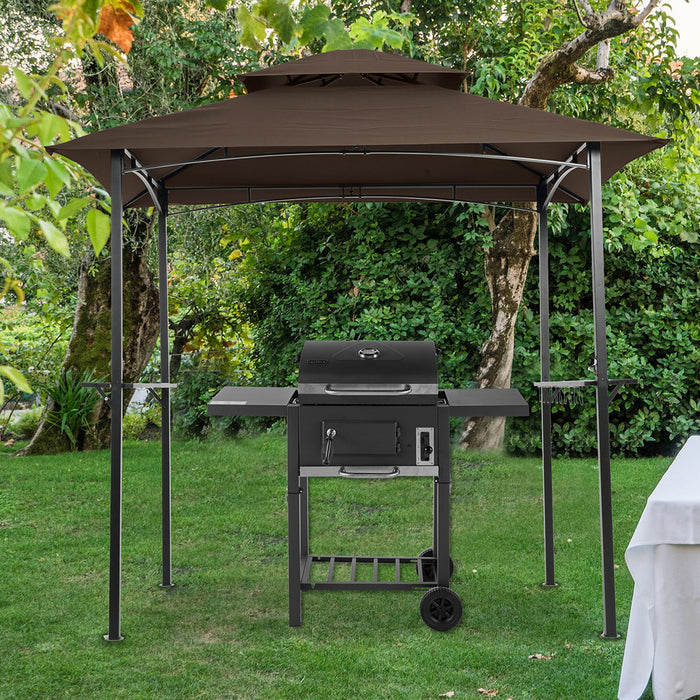 Giga outdoor grill gazebo with double-tier soft top canopy, steel frame, bar counters, and hooks for outdoor cooking and shade.