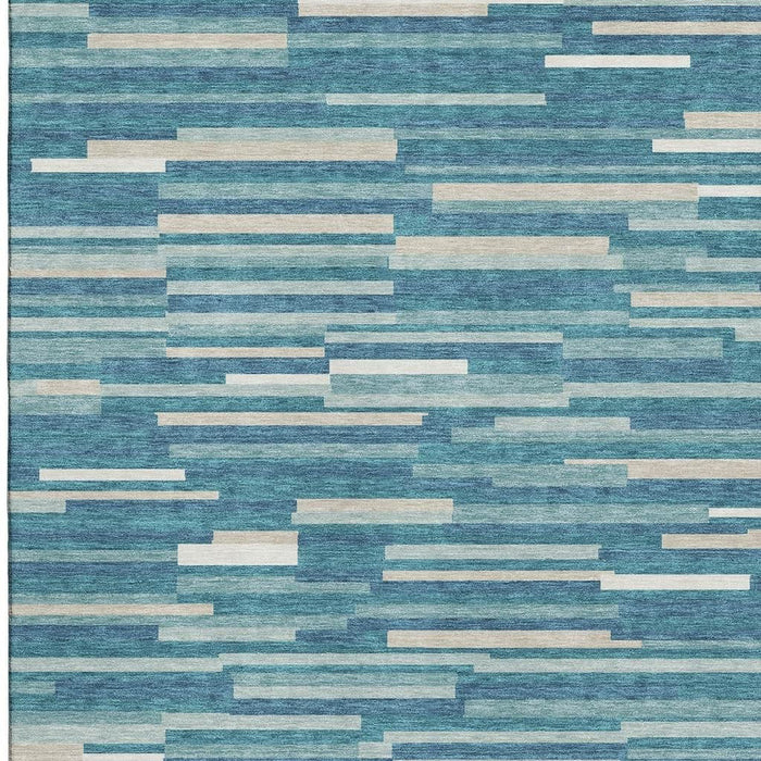 10' X 14' Striped Washable Area Rug With UV Protection (671114) - Teal / Ivory / Gray