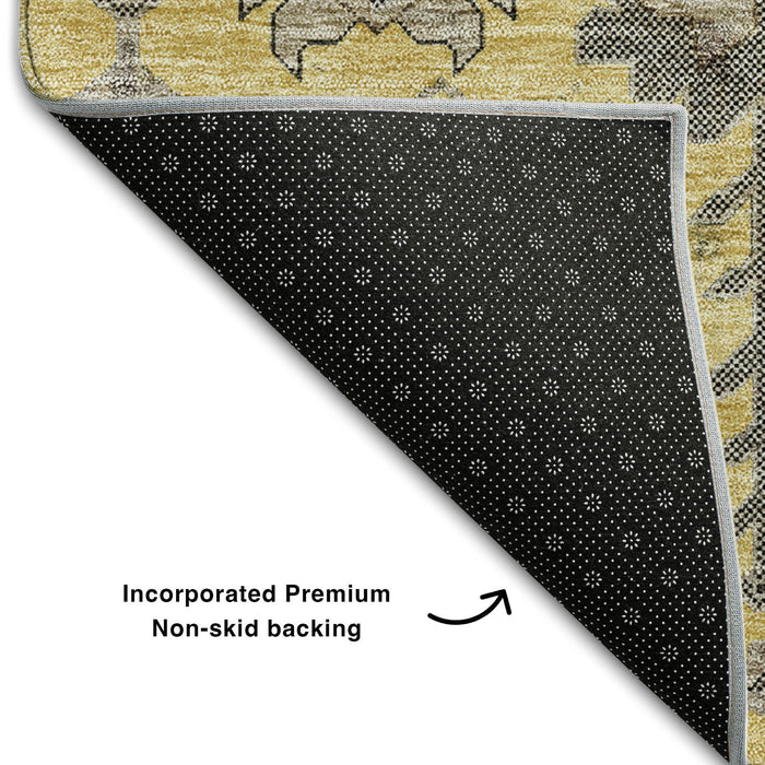 8' Oriental Washable Round Rug With UV Protection (656630) - Amber / Gray / Charcoal
