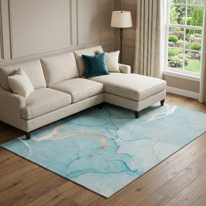 8' X 10' Abstract Washable Area Rug With UV Protection (646970) - Teal / Ivory
