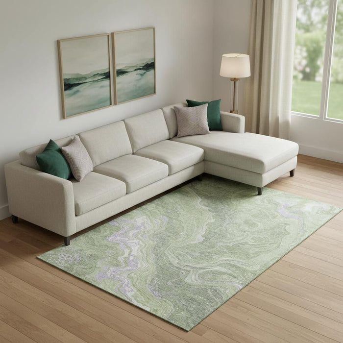 10' X 14' Abstract Washable Area Rug With UV Protection (697626) - Artichoke Green / Lavender / Ivory