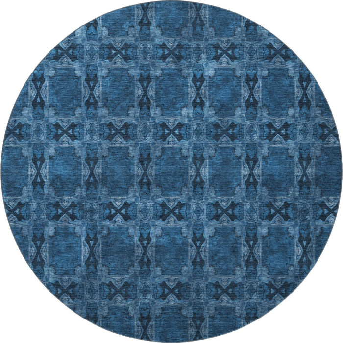 8' Floral Medallion Washable Round Rug With UV Protection (649501) - Navy Blue / Gray