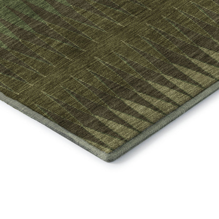 10' X 14' Striped Washable Area Rug With UV Protection (668982) - Olive Green / Chocolate