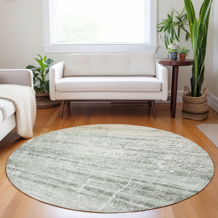 8' Abstract Washable Round Rug With UV Protection - Sage / Ivory