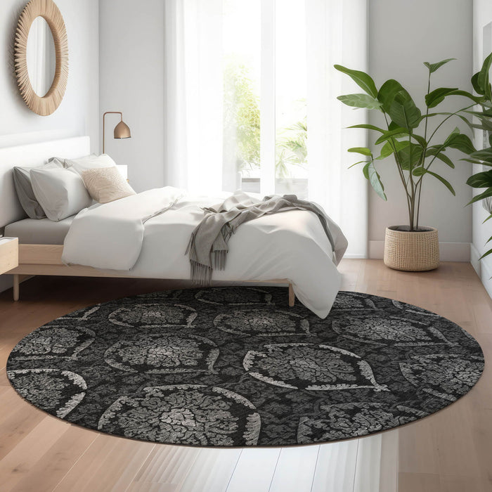 8' Medallion Washable Round Rug Polyester With UV Protection - Gray And Silver