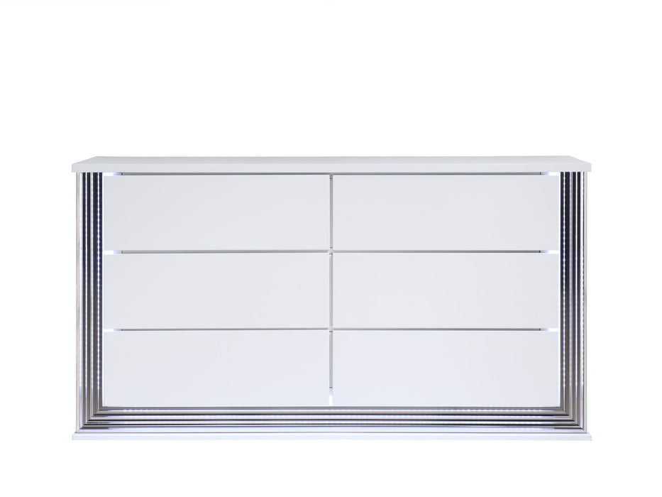 61" Wood Lighted Six Drawer Double Dresser - White