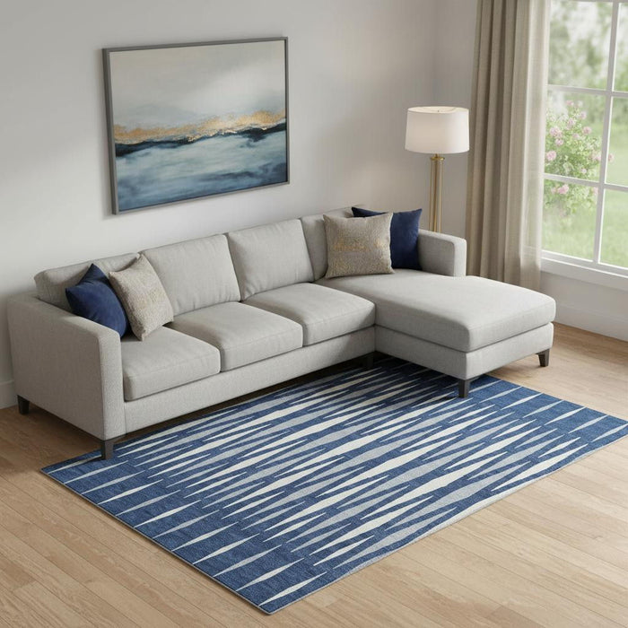 10' X 14' Geometric Washable Area Rug With UV Protection (670069) - Navy Blue / Ivory