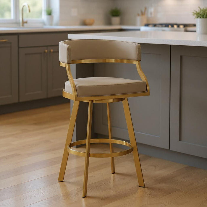 Faux Leather Stainless Steel Low Back Counter Height Swivel Bar Chair - Sand / Gold