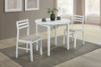CoasterEveryday Bucknell 3-piece white round drop leaf dining table set with two matching chairs, modern furniture for dining room.