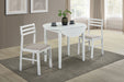 White Bucknell 3-piece round drop leaf dining table set with matching chairs, made of sturdy furniture by CoasterEveryday.