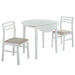 CoasterEveryday Bucknell 3-piece round drop leaf dining table set in white with two matching chairs, showcasing a modern kitchen furniture design.