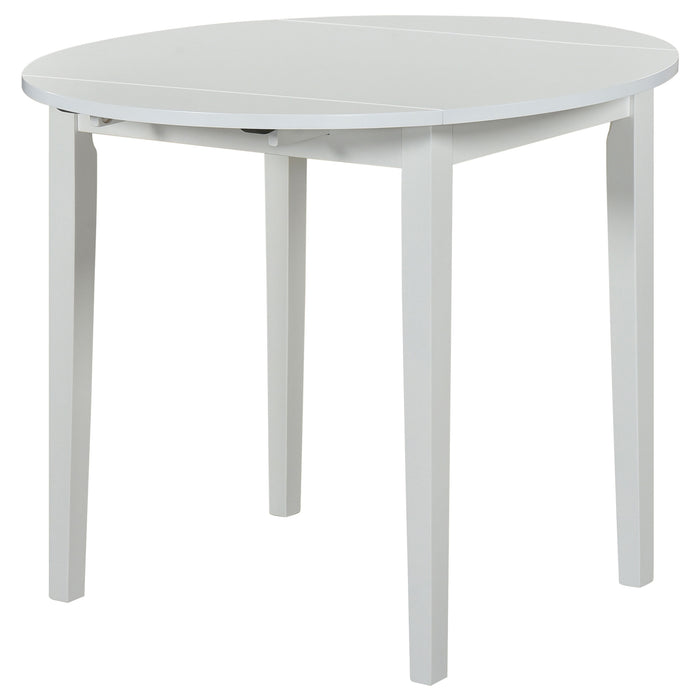 CoasterEveryday Bucknell 3-piece round drop leaf dining table set in white with matching chairs, ideal for compact dining spaces.