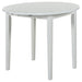 CoasterEveryday Bucknell 3-piece round drop leaf dining table set in white with matching chairs, ideal for compact dining spaces.