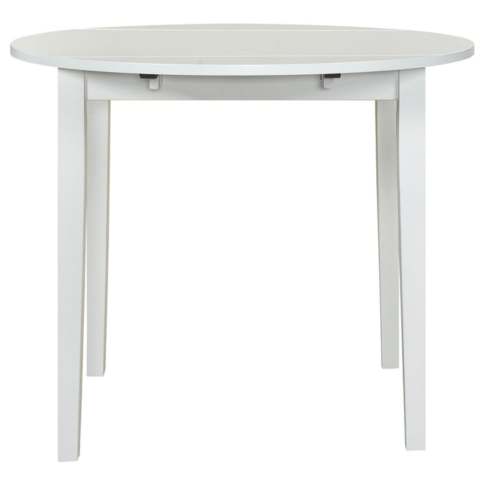 CoasterEveryday Bucknell 3-piece white round drop leaf dining table set with two matching chairs, perfect for small dining spaces.