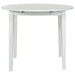 CoasterEveryday Bucknell 3-piece white round drop leaf dining table set with two matching chairs, perfect for small dining spaces.
