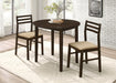CoasterEveryday Bucknell 3-piece round drop leaf dining table set in cappuccino finish, with matching chairs and extendable leaves.