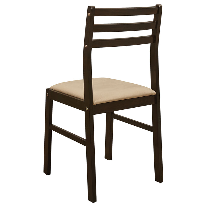 CoasterEveryday Bucknell 3-piece round drop leaf dining table set in cappuccino finish with matching chairs and table leaves.