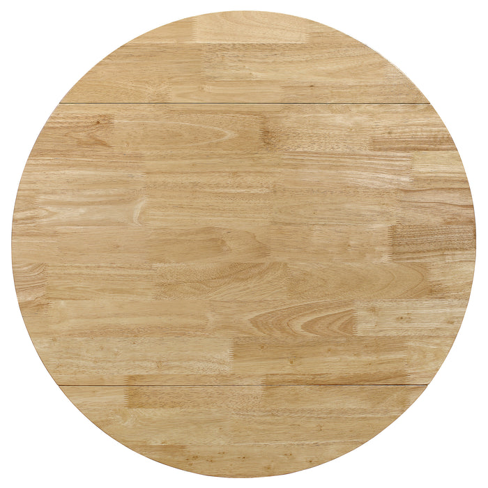 CoasterEveryday Bucknell 3-piece round drop leaf dining table set in natural wood finish with matching chairs.