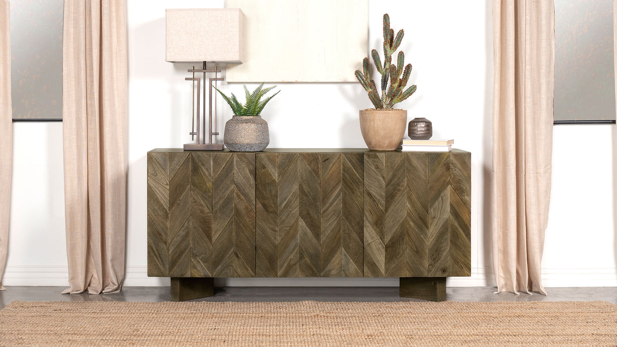 CoasterEveryday Tyler 3-door solid wood sideboard buffet cabinet in mango brown with sleek design and ample storage space.