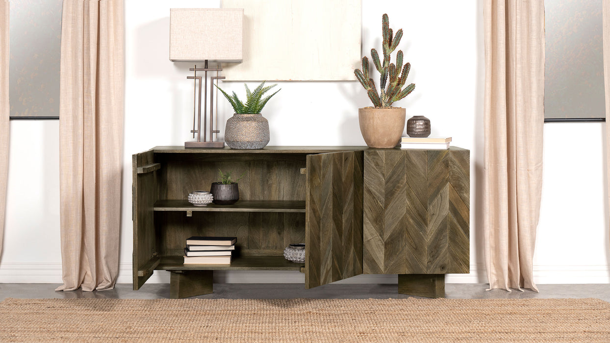 CoasterEveryday Tyler 3-door solid wood sideboard buffet cabinet in mango brown with sleek design and ample storage.