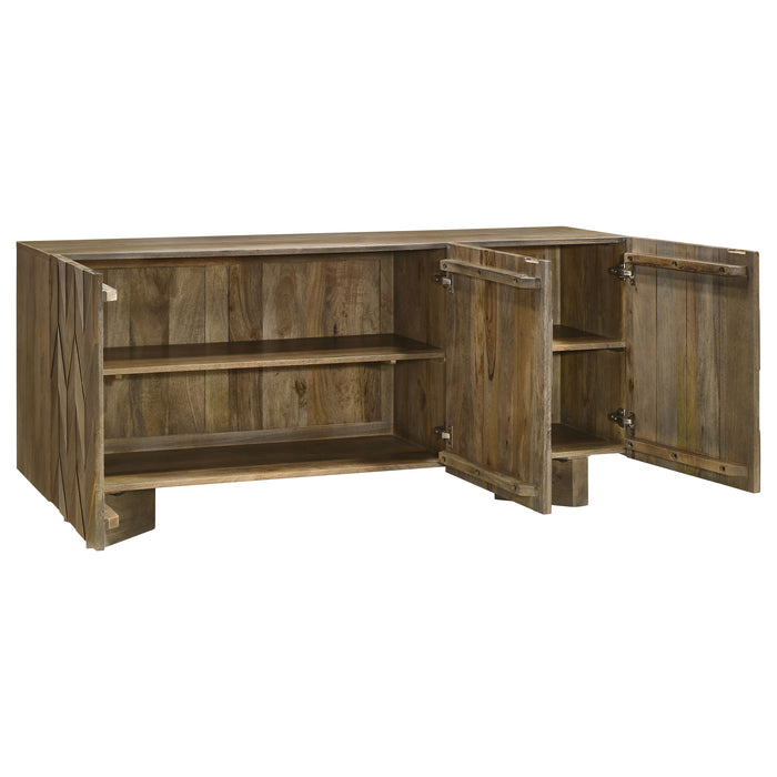 CoasterEveryday Tyler solid wood sideboard buffet cabinet with three doors in mango brown finish, showcasing a sleek furniture design.