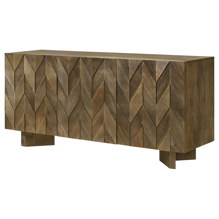 CoasterEveryday Tyler 3-door solid wood sideboard buffet cabinet in warm mango brown with sleek design and sturdy construction.