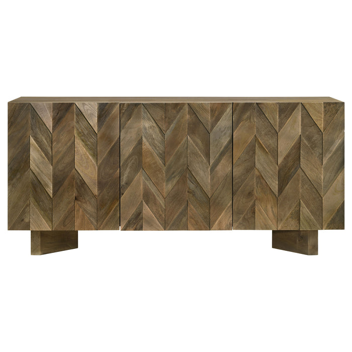 CoasterEveryday Tyler 3-door solid wood sideboard buffet cabinet in mango brown with sleek handles and spacious storage.