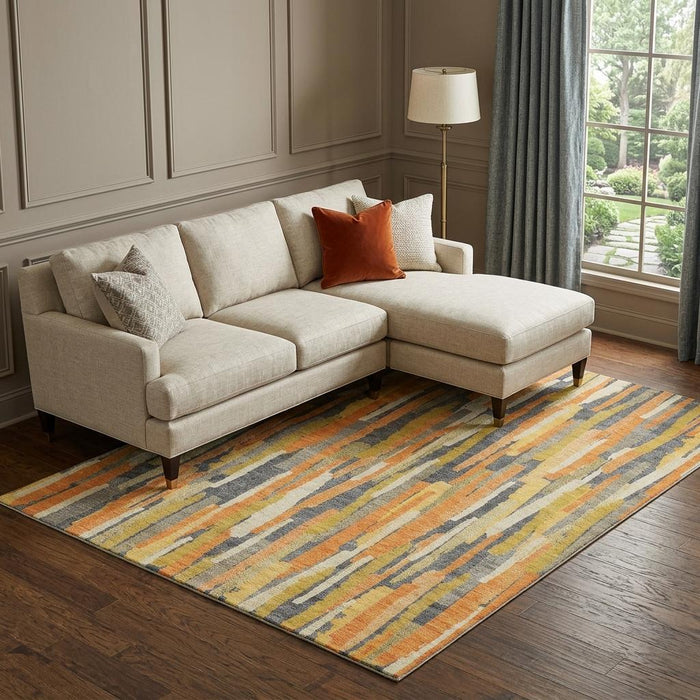 10' X 14' Striped Washable Area Rug With UV Protection (692946) - Orange / Gold / Ivory