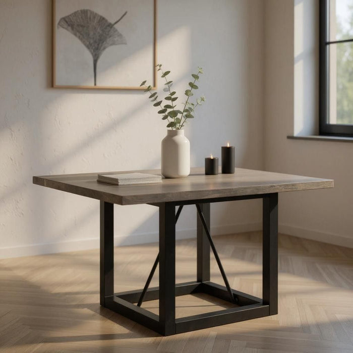 72" Solid Wood And Iron Frame Base Square Dining Table - Dark Brown