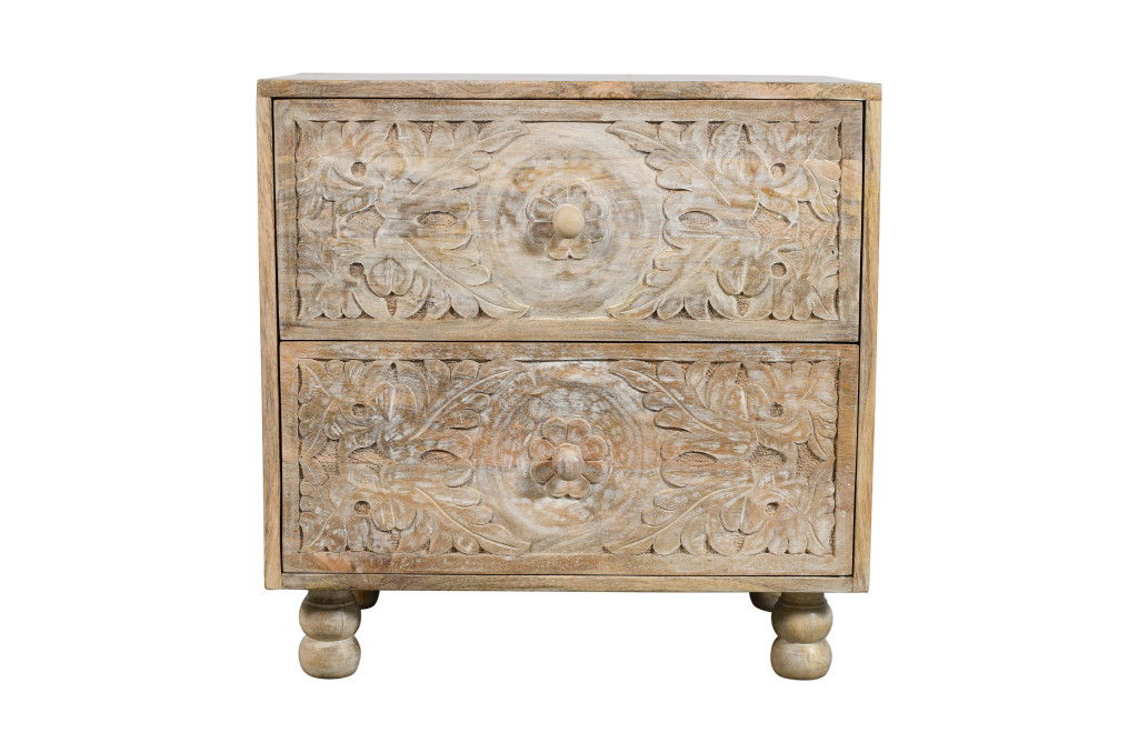 24" Two Drawer Distressed Carved Floral Solid Wood Nightstand - Natural