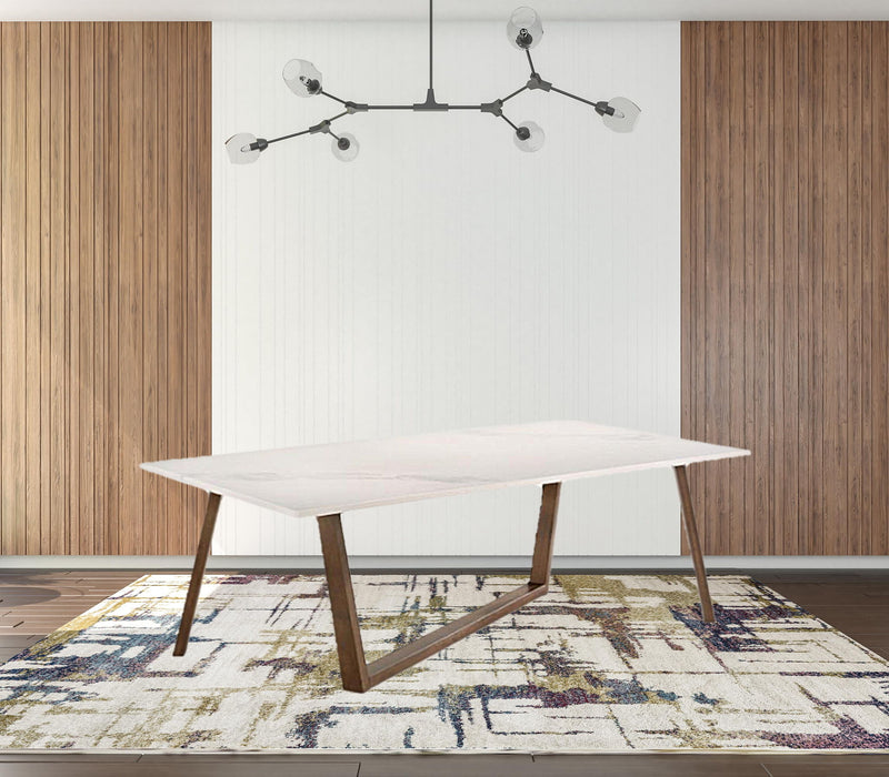 Faux Marble Solid Wood Trestle Base Dining Table - White / Brown