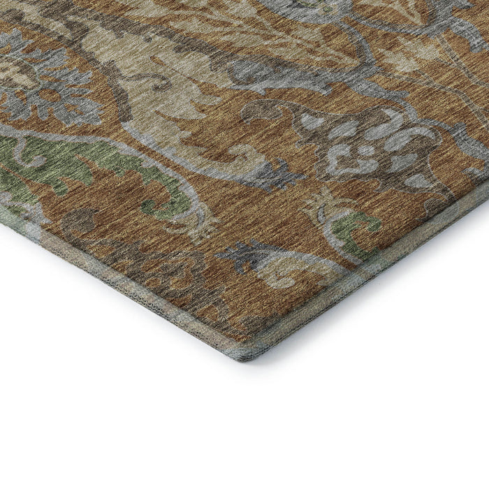 10' X 14' Floral Washable Area Rug With UV Protection (686933) - Copper / Gray / Olive Green