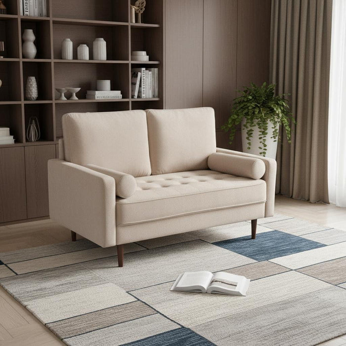 Brown Velvet Loveseat And Toss Pillows - Beige / Dark