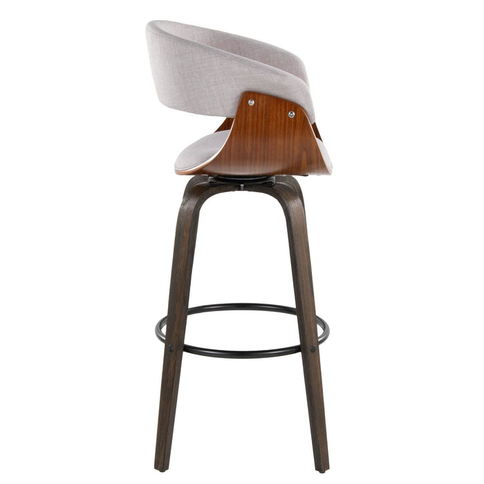 Vintage Mod - 30" Fixed-Height Barstool With Swivel (Set of 2) - Walnut Glazed Wood And Stone Fabric With Walnut Wood Accents And Round Black Metal Footrest