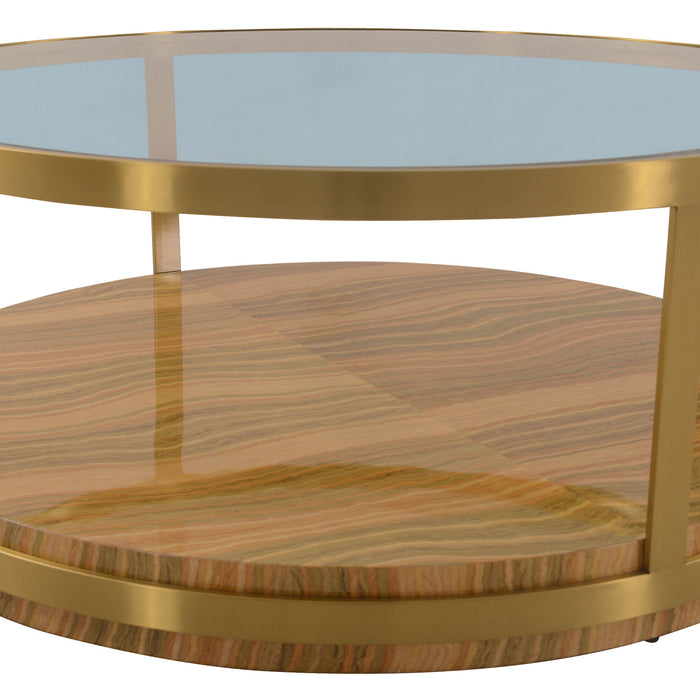 Clear glass, gold metal, and wood round coffee table with shelf by HomeRoots featuring a modern design.