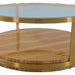 Clear glass, gold metal, and wood round coffee table with shelf by HomeRoots featuring a modern design.