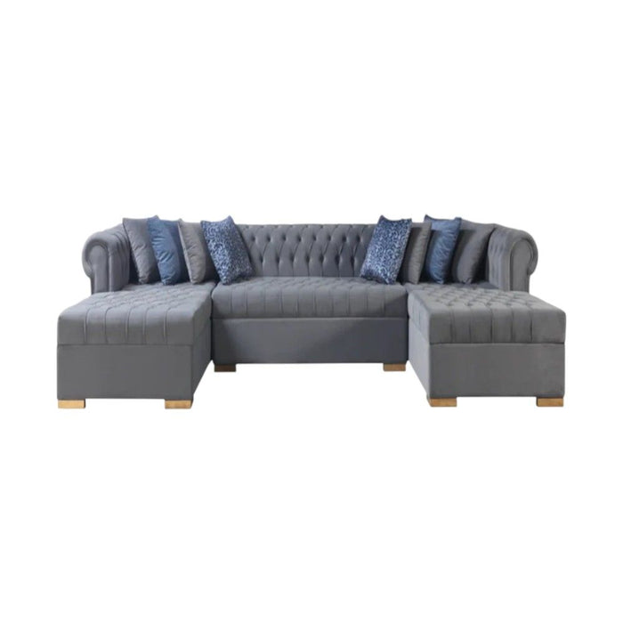 Velvet U Shaped Three Piece Sofa Chaise Sectional With Toss Pillows - Gray