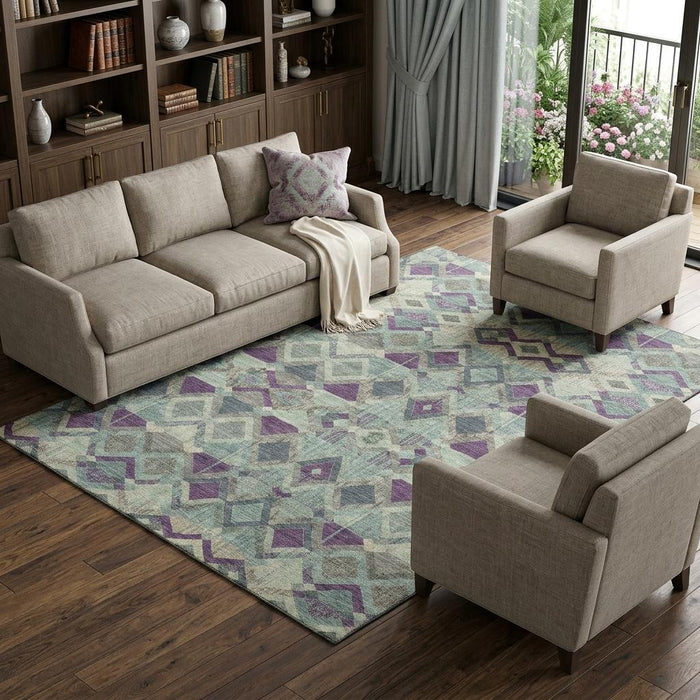 10' X 14' Geometric Washable Area Rug With UV Protection (692910) - Pale Aqua / Purple
