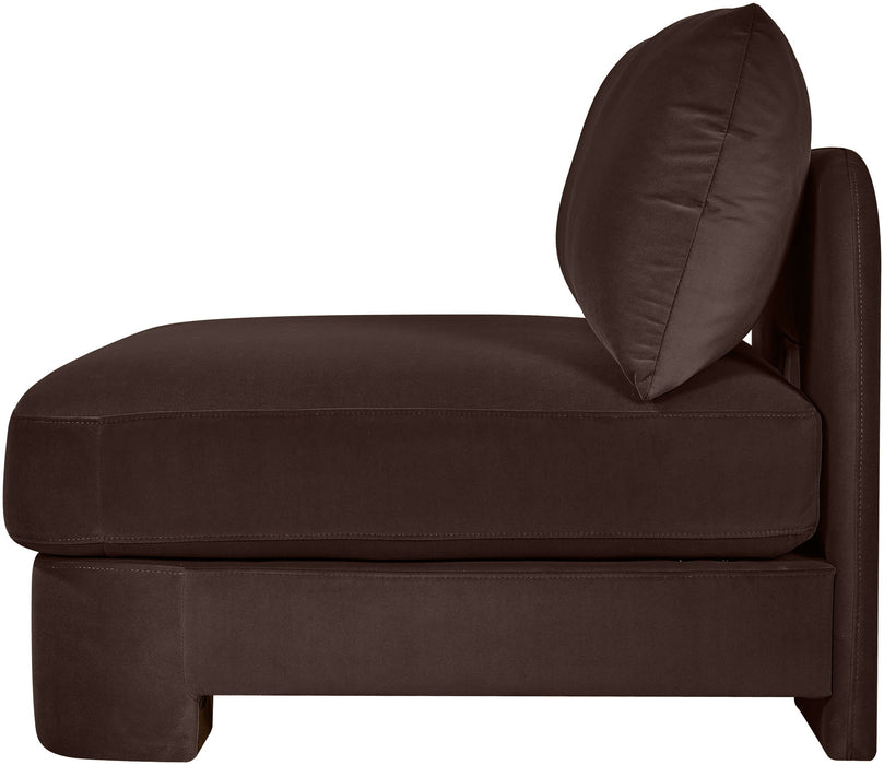 Meridian Furniture velvet upholstered armless stationary chair with plush fabric and modern design.