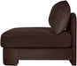 Meridian Furniture velvet upholstered armless stationary chair with plush fabric and modern design.