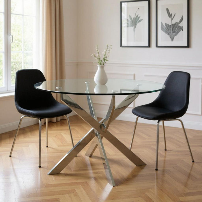 Glass And Metal Cross Leg Base Round Top Dining Table - Clear