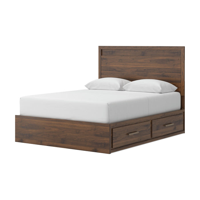 Janfyn Signature Design by Ashley panel storage bed with built-in drawers and modern dark wood finish.