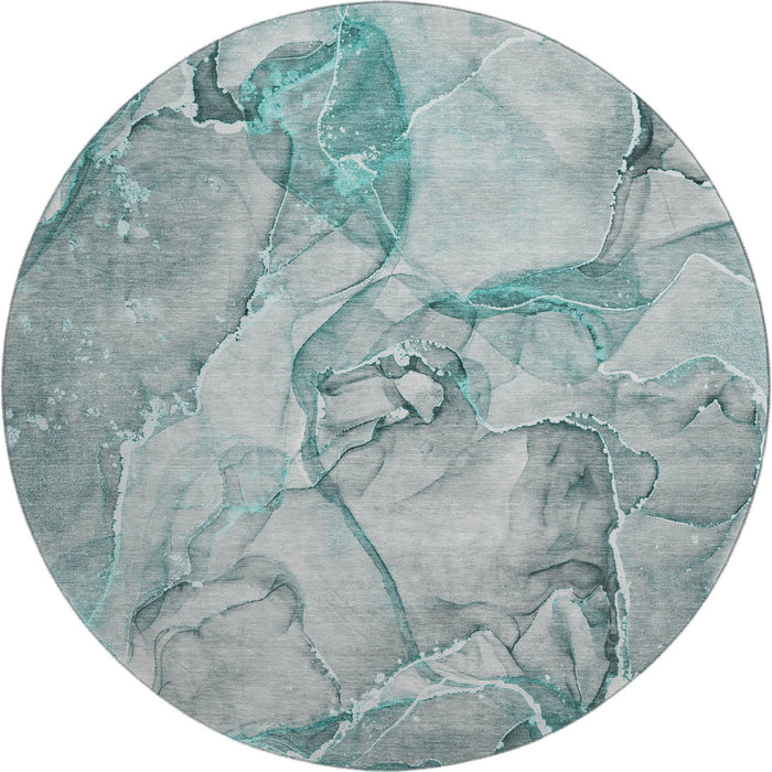 8' Abstract Washable Round Rug With UV Protection (647281) - Teal / Ivory