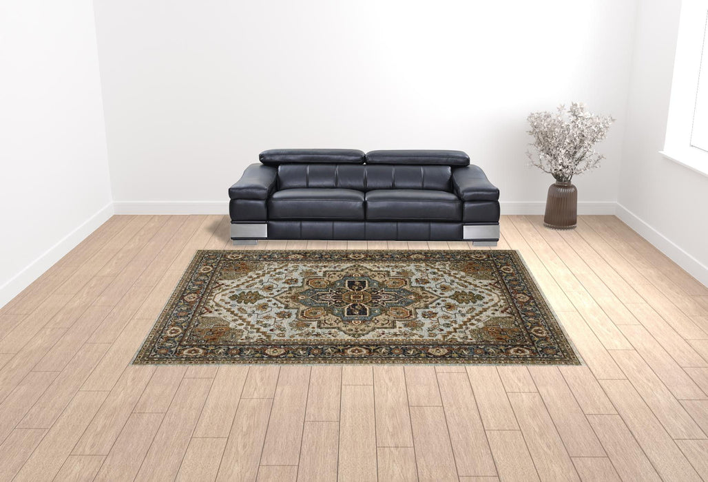10' x 13' Oriental Power Loom Stain Resistant Area Rug With Fringe - Ivory Beige Blue Orange Gold Green Gray And Rust