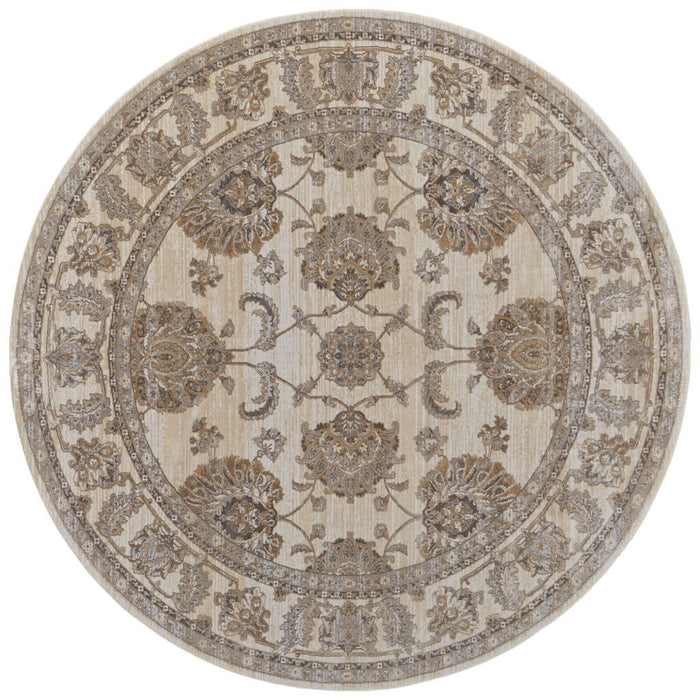7.8' x 7.8' Round Oriental Power Loom Distressed Area Rug - Ivory And Brown