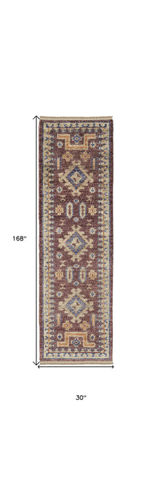 14' Wool Geometric Hand Knotted Runner Rug With Fringe - Blue Red And Tan